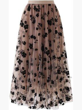 3D Posy Double-Layered Mesh Midi Skirt Womens Casual Floral Skirt